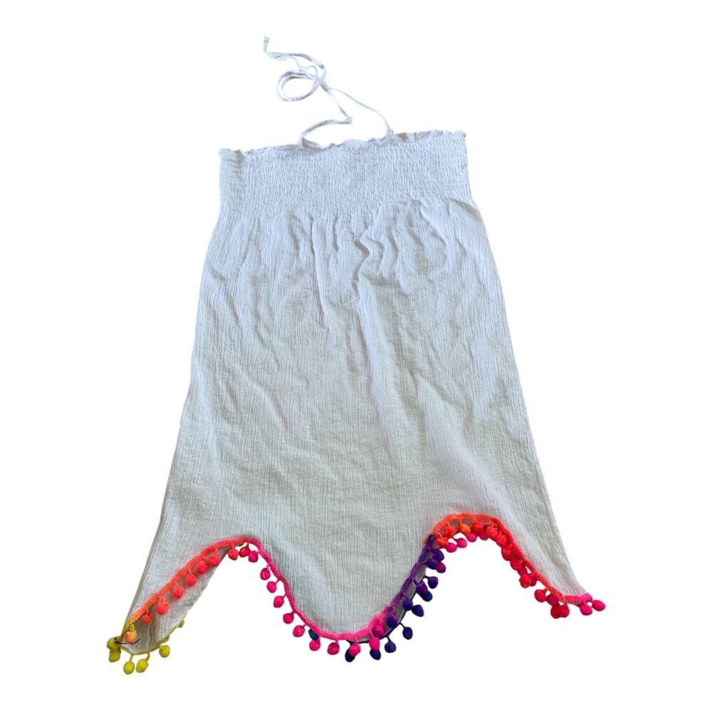 Girls M 7-8 White Cotton Gauze Rainbow Pom Pom Halter Tie Swim Cover Up